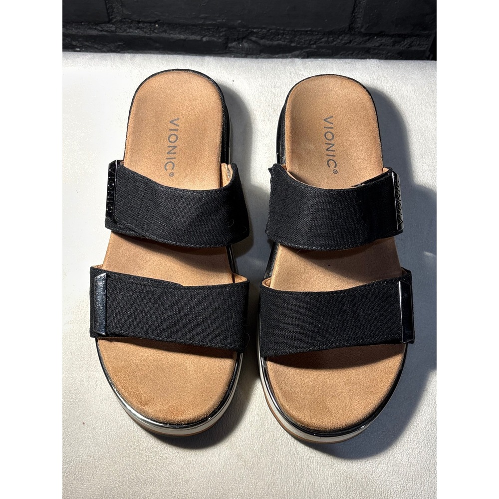 Vionic Sandals Women 8 Black Brandie Platform Slide with Adjustable Straps